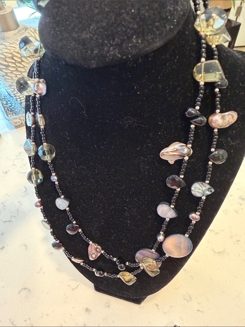 Iridescent Multicolor Shell & Glass Bead Layered Necklace - Black Accent